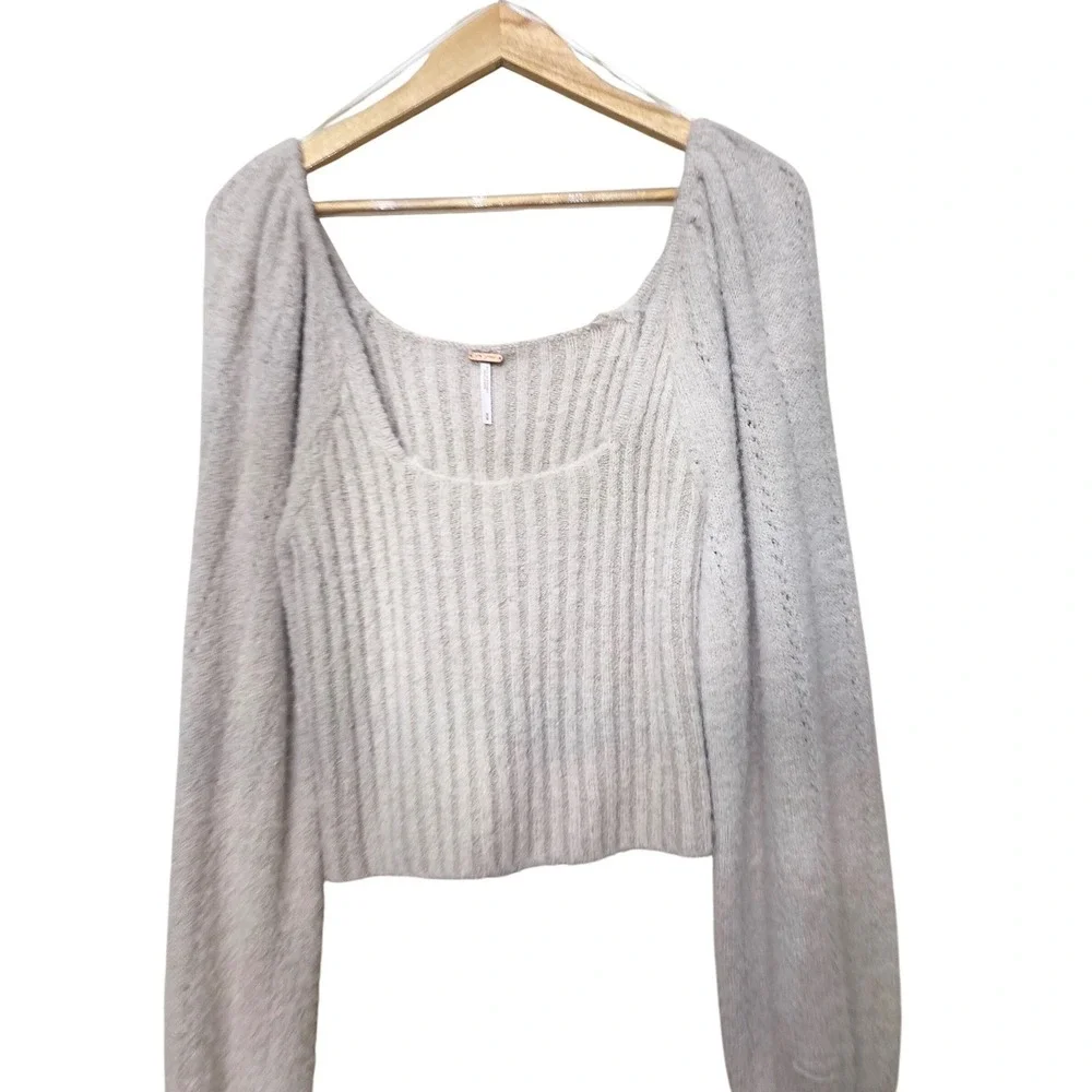 Free People Ribbed Square Neck Puff Sleeve Crop Sweater Oatmeal‎ Medium